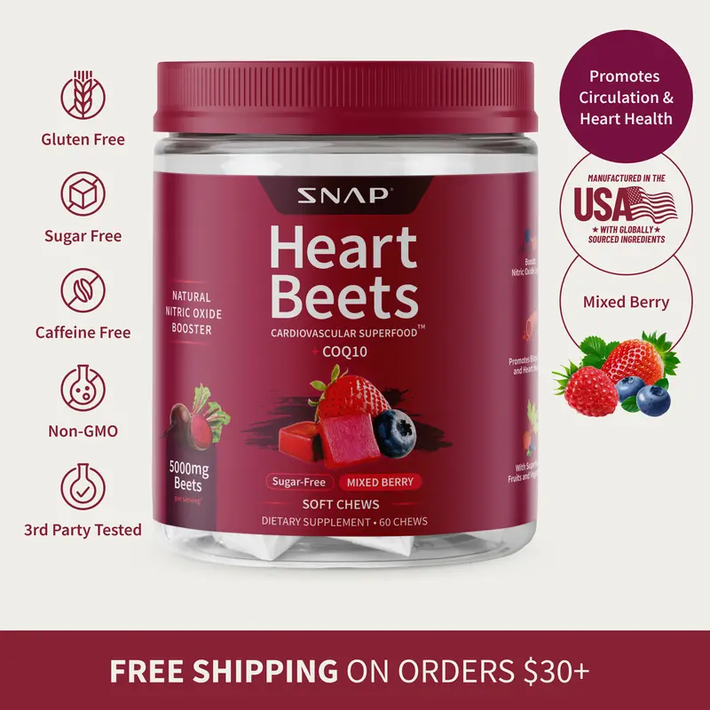 Snap Supplements - Heart Beets Chews - 30 Servings - Natural Supplement Soft Chews - Mixed Berry Flavor Dietary Edible - Nitric Oxide Cardiovascular Beetroot