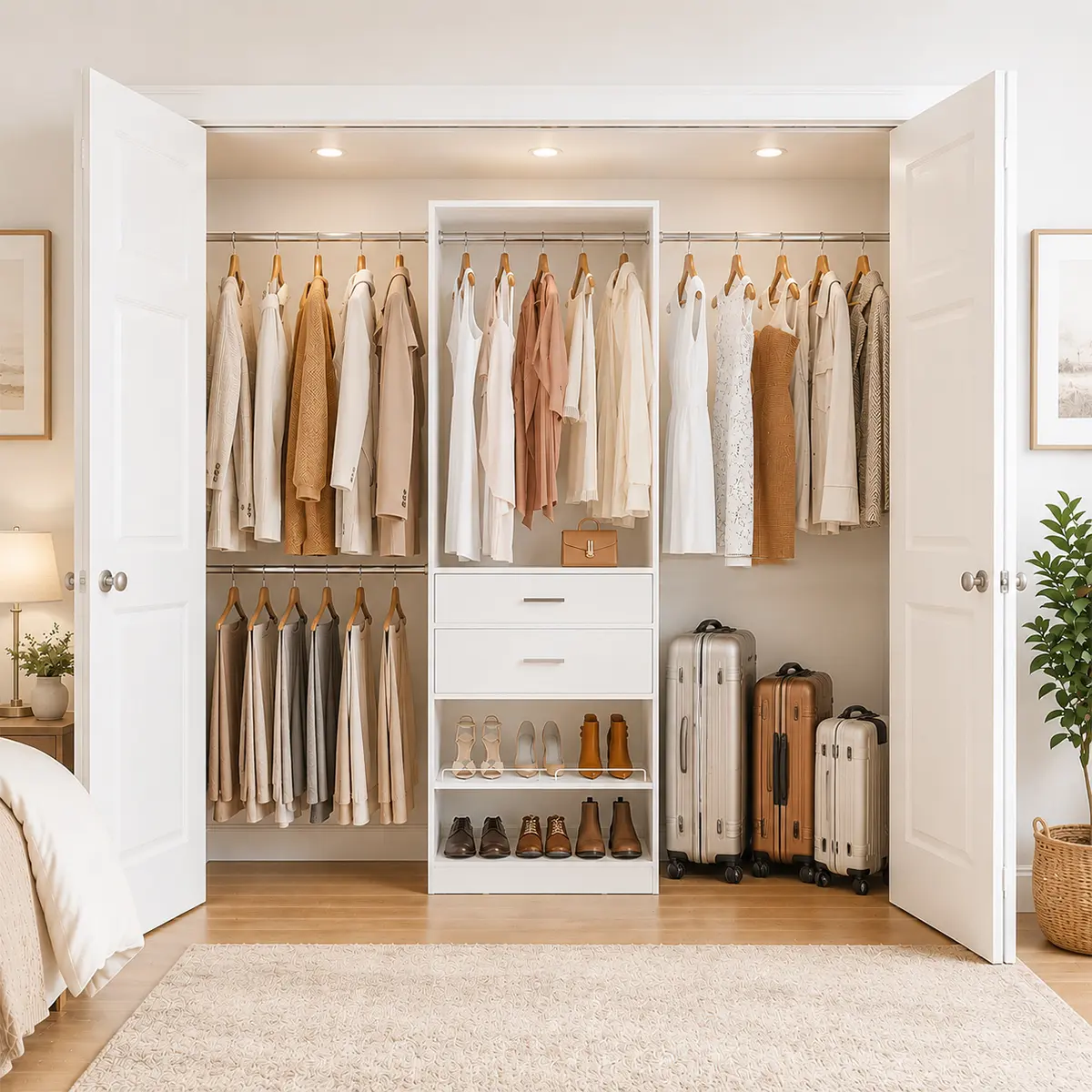 4-8 FT Expandable Closet System with 2 Wooden Drawers, Multifunctional Heavy Duty Wardrobe with Adjustable Shoe Rack for Built-in Closet Space, Reversible Reach-in Closet Organizer Tower for Closet Nook