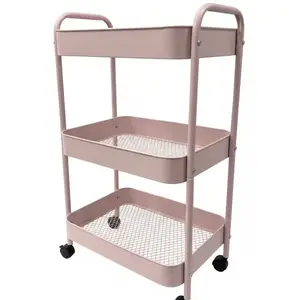 3-Tier Rolling Storage Cart, Pink Metal Utility Cart with Wheels, Sturdy Mobile Organizer Trolley, Multi-Purpose Storage for Bathroom, Kitchen, Makeup, Nursery & Baby Supplies