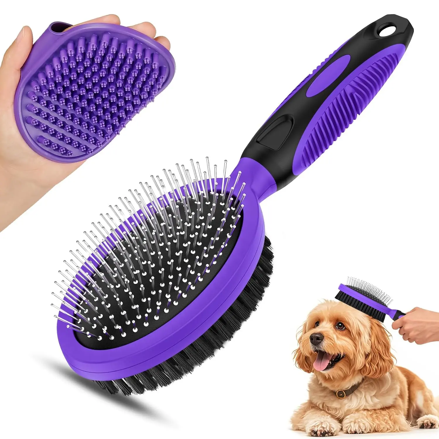 2PCS Pet Grooming Double-Sided Brush & Comb Set - Shedding, Bathing Use for Short/Long Haired Dogs & Cats, Horse Mane & Tail Grooming - Purple Pet Supplies