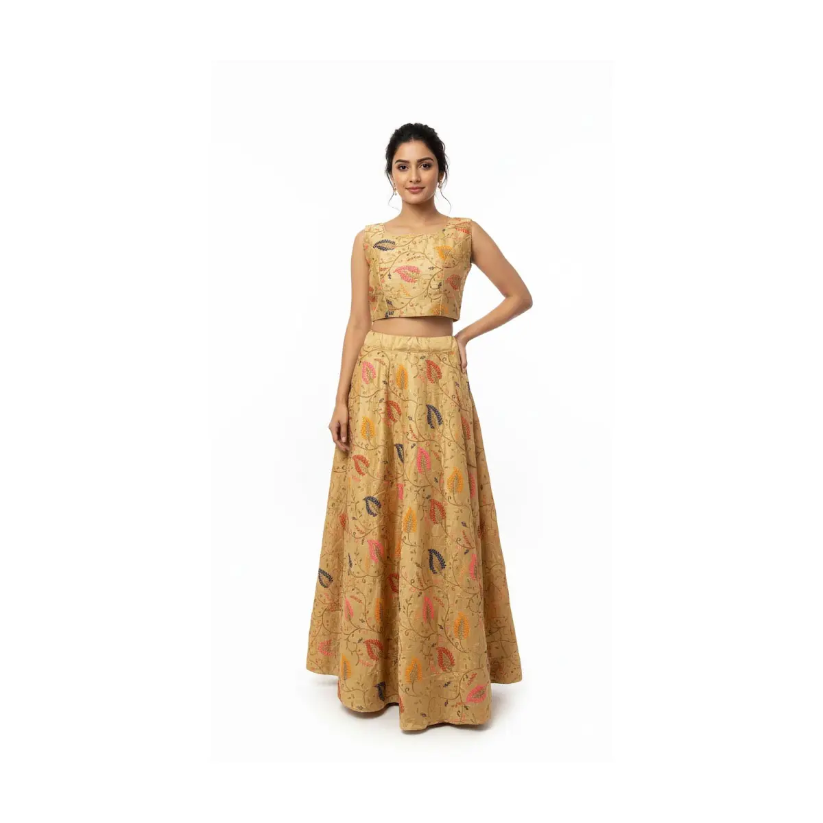#K14 Gold Embroidered Lehenga Set (Crop Top + Flared Skirt)