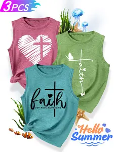 Women's 3-Pack Casual Crew Neck Sleeveless Stretch Tank Tops, Butterfly Cross, "Faith" Cross & Hand-Drawn Cross Heart Print, Multiple Colors Available, Machine Washable, Spring & Summer Top, Soft Skin-Friendly Fabric, Daily Versatile, Fashion Design
