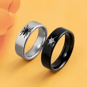 1 Pair of Fashionable Stainless Steel Halloween Couple'S Ring Set, Glossy Punk Hip Hop Spider Web Set