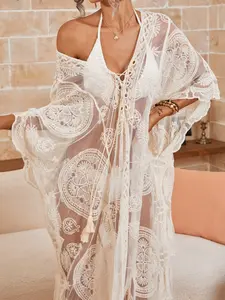 Boho Style Long Loose Women's Cover-Up, Hollow Knitted Lace Embroidery, Spring Summer Beach Vacation Casual, Festival Pool Party