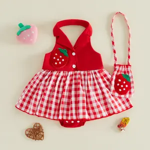 Cute Baby Girls Clothing 3-Piece Summer Casual Gift Set - Strawberry Plaid Lapel V-Neck Sleeveless Romper Dress, Matching Headband, Bag