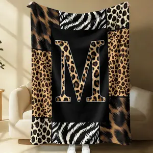 Animal Print Monogram M Oversized Flannel Blanket, Leopard & Zebra Print Initial A Soft Cozy Throw Blanket for Bed Sofa Couch, Warm Lightweight Oversized Bed Cover for Home Decor