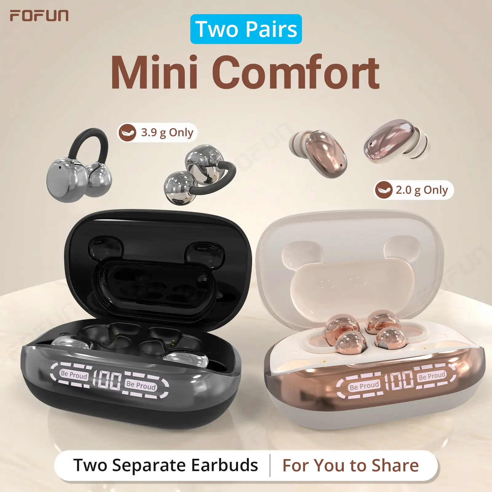 FOFUN F20 3-in-1 Wireless Bluetooth Headphones - Power Bank Combo, Noise-Cancelling Clip-On Sleeping Earbuds, Reverse Phone Charging, Waterproof, Sweatproof, 2 Pairs Included, High-Quality Audio Headset, Wireless Headphones