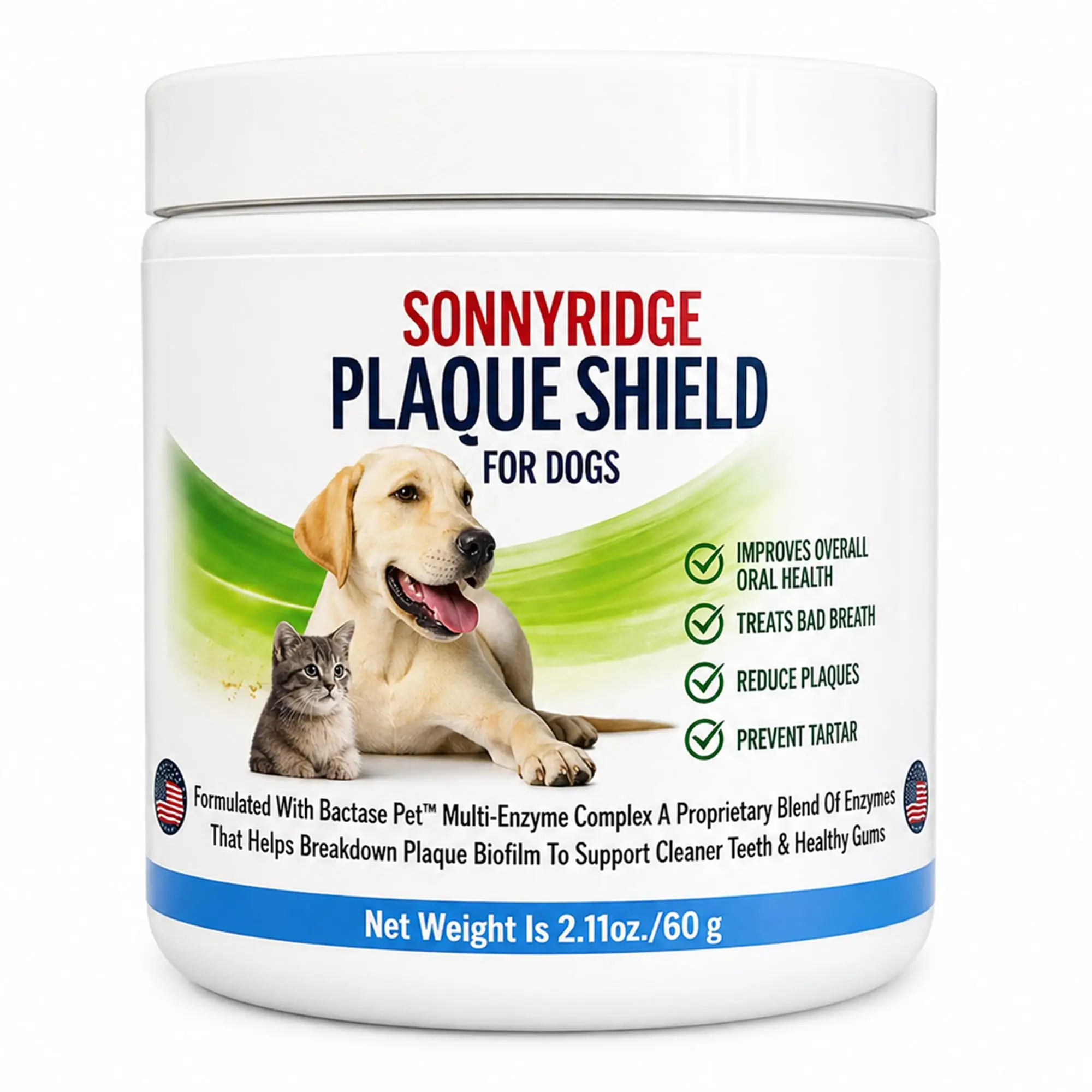 Sonnyridge Dog Dental Powder for Dogs & Cats – Bactase Pet™ Enzymes, Astaxanthin & Ascophyllum Nodosum – Helps Reduce Plaque & Tartar, Freshens Breath & Supports Healthy Gums– Made in USA– 30 Servings