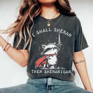 Comfort Colors I Shall Shenan Then Shenanigan Shirt, Funny Raccoon Sword Tee, Chaotic Meme Animal Graphic T-Shirt, Sarcastic Gamer Humor Shirt