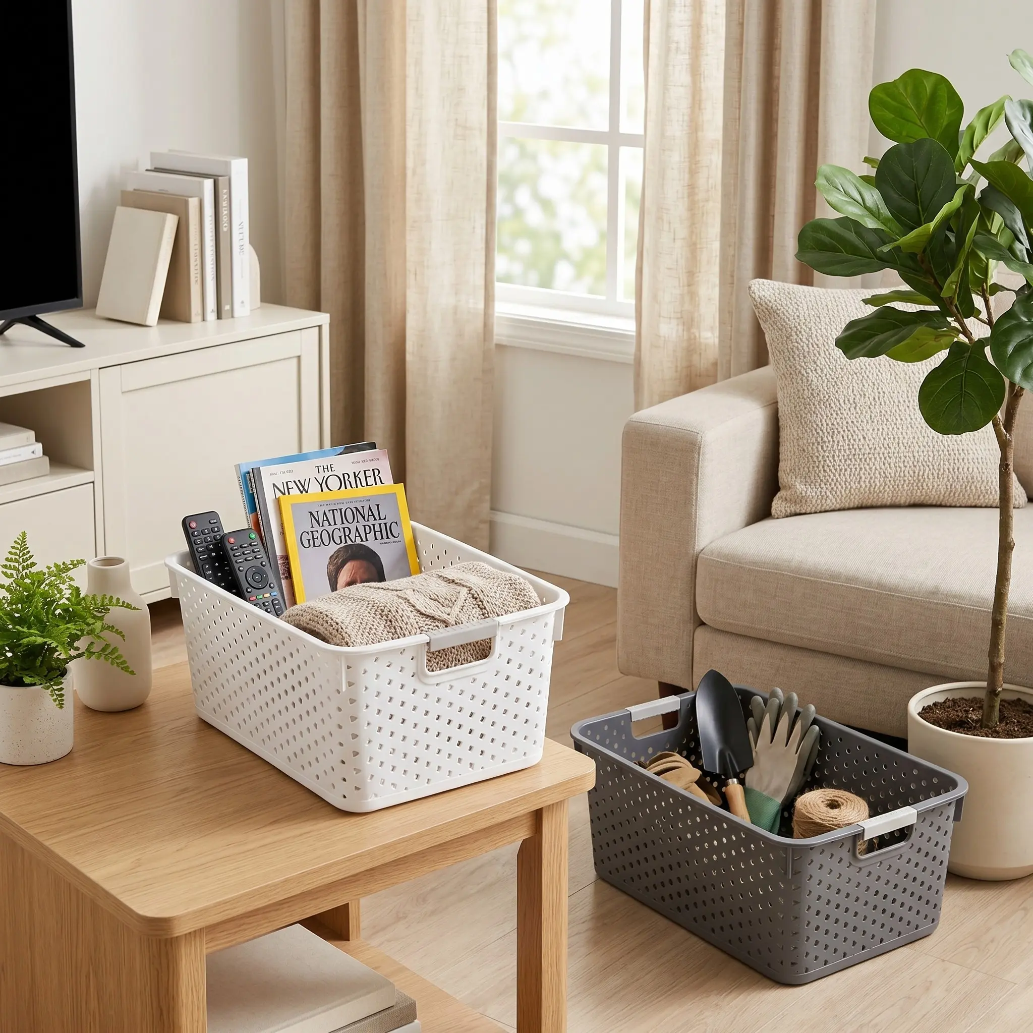 Large Size Rectangular Grey & White Durable Plastic Hudson Storage Basket - 14.2"x10"x5.7" Breathable Traditional Multi-Use Home Organizer Box, Stackable Storage Bin for Closet Shelves, Garage