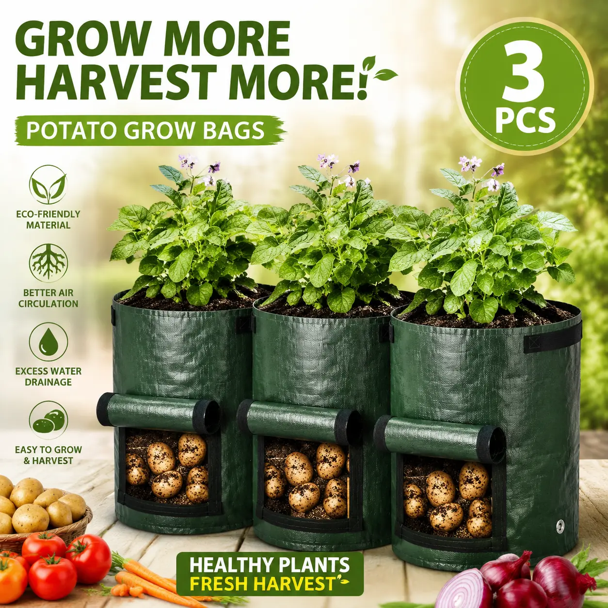 Potato Planting Bags 10 Gallon – Durable Garden Grow Bags with Ventilation Flap & Carrying Handles, Set of 3 Premium