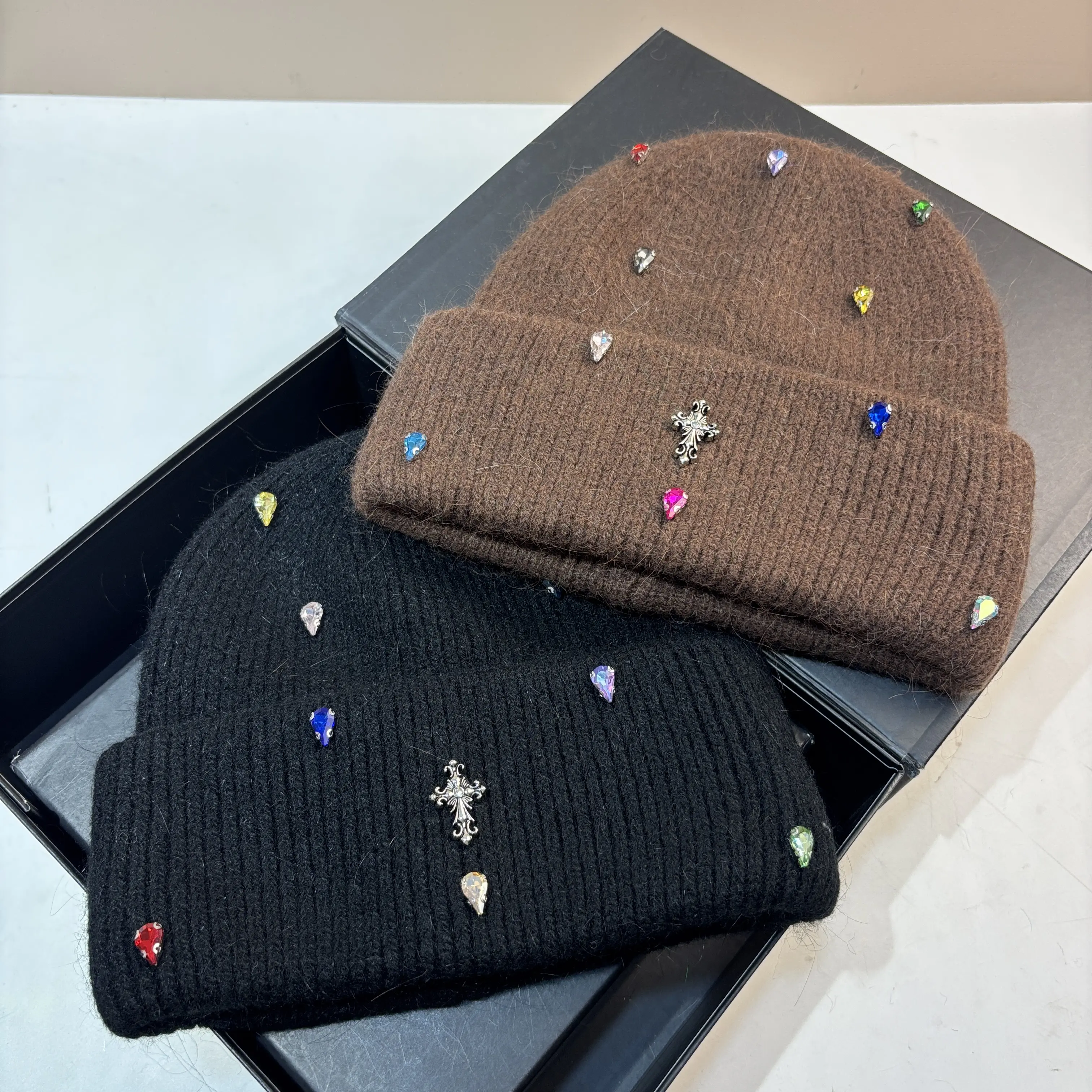 Women's 100% Plush Knit Cap Beanie - Crystals Hat with Colorful Rhinestone Accents, Wax Plush Earmuffs, Winter Outdoor Warm Soft Headwear for Casual Wear, Christmas, Camouflage Style, Cool Hat, Engagement, One Size