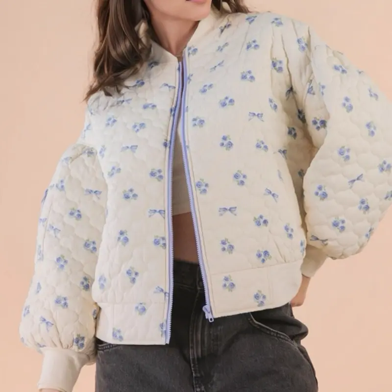 Floral Printed Quilted Oversized Casual Jacket with Zipper Closure and Puffy Sleeves for Women