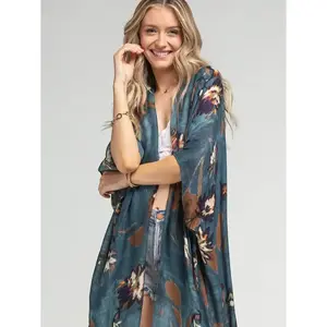 Women's Teal Floral Kimono Beach Cover Up Tie Dye Lightweight Versatile Wear for Various Occasions Casual Long Kimono Cardigan Best Friend Gift Birthday Gifts for Her