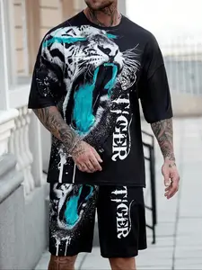 Two-Piece Set Men's Tiger Print Short Sleeve Tee & Drawstring Waist Shorts, Loose Casual Fashion Cozy Breathable Outfits for Summer, Men Clothes Set for Daily Wear