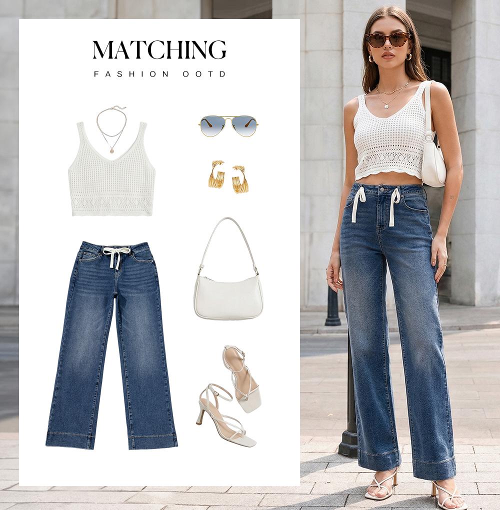 Sidefeel Women's Wide Leg Jeans High Waisted Stretchy Straight Leg Baggy Drawstring Zimbaplatinum Denim Pants Sidefeel Women's Wide Leg Jeans High Waisted Stretchy Straight Leg Baggy Drawstring Zimbaplatinum Denim Pants