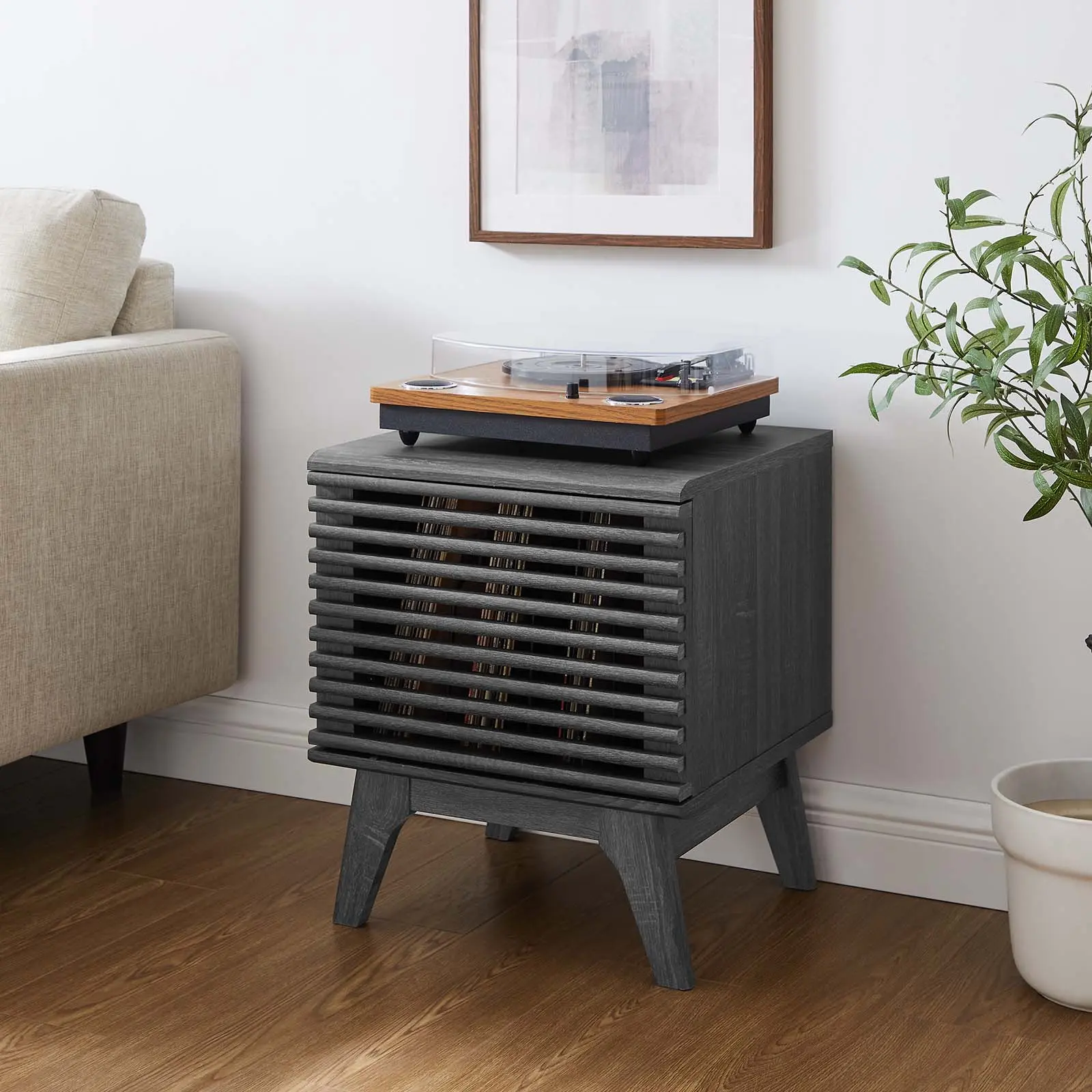 Modway Render Vinyl Record Display Stand in Charcoal, Wood, Foam Foot Pads