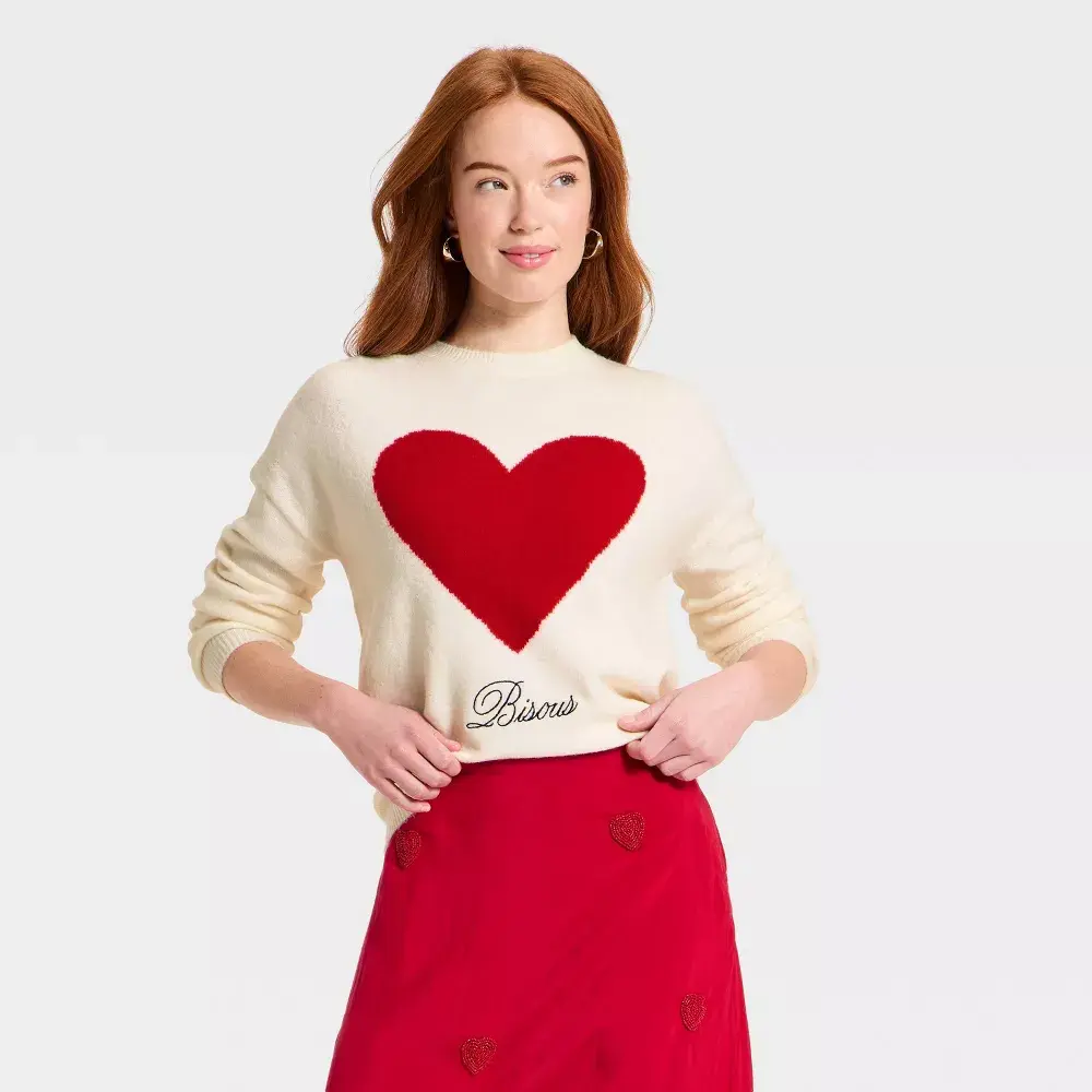 Women's Valentine's Heart Pullover Sweater - A New Day, Polyester-Jersey-Spandex Fabric, Stylish Design, Viscose