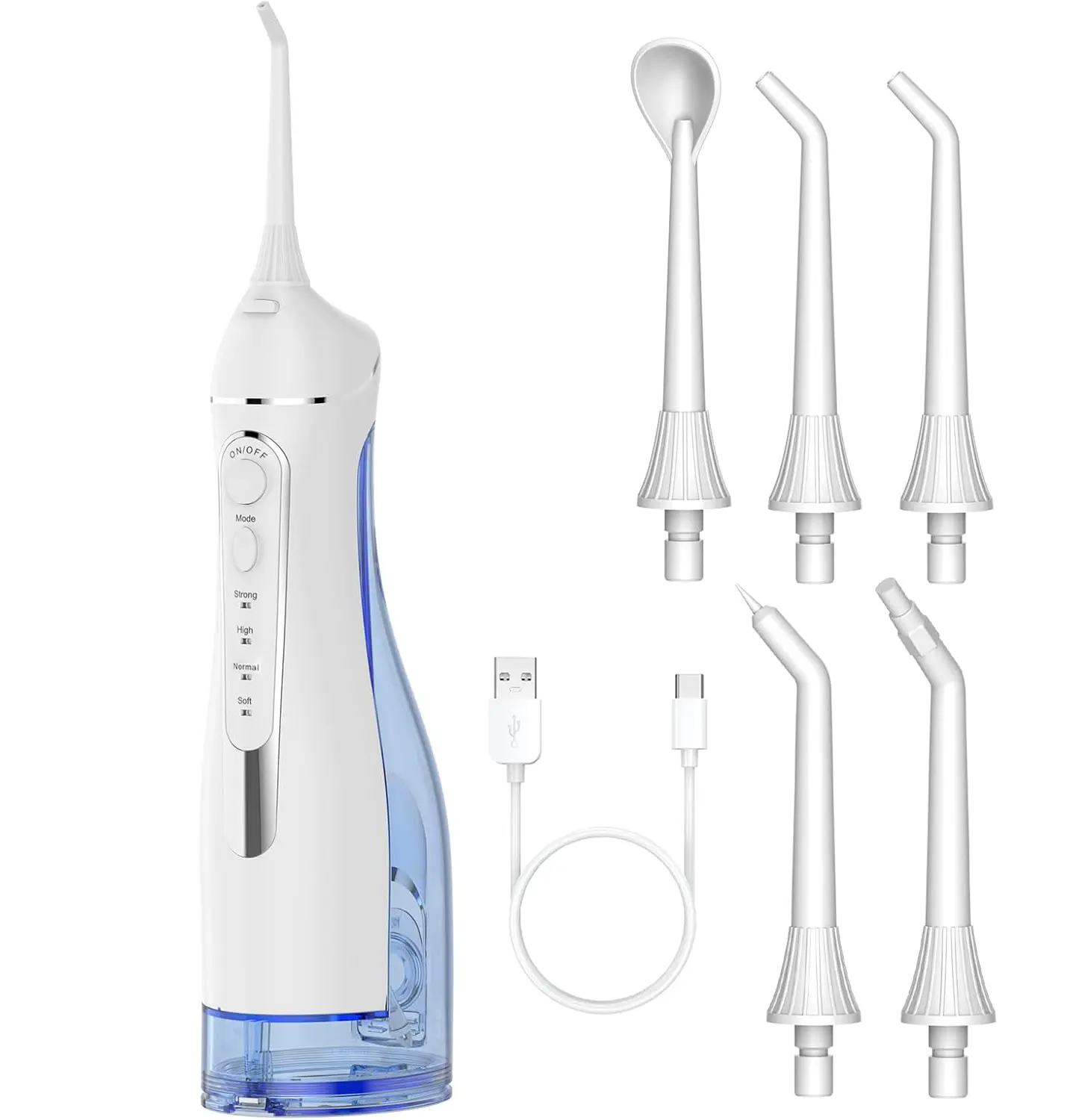 Cordless Rechargeable Water Flosser Cleanser – Lightweight IPX7 Waterproof Oral Care Cleaner with 4 Modes, 5 Nozzles, 300ML Tank, Adjustable Settings for Sensitive Teeth, Travel (White)