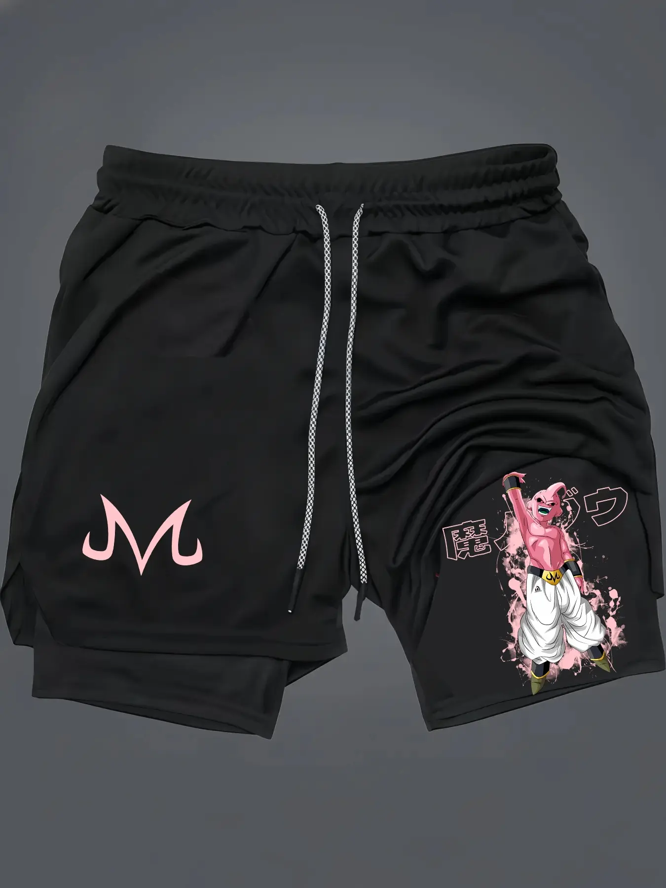 DRAGON BALL Print 2 in 1 Drawstring Waist Shorts, Quick Dry Swim Trunk, Majin Buu Loose Casual Pocket Track Shorts for Summer, Quick Drying Shorts