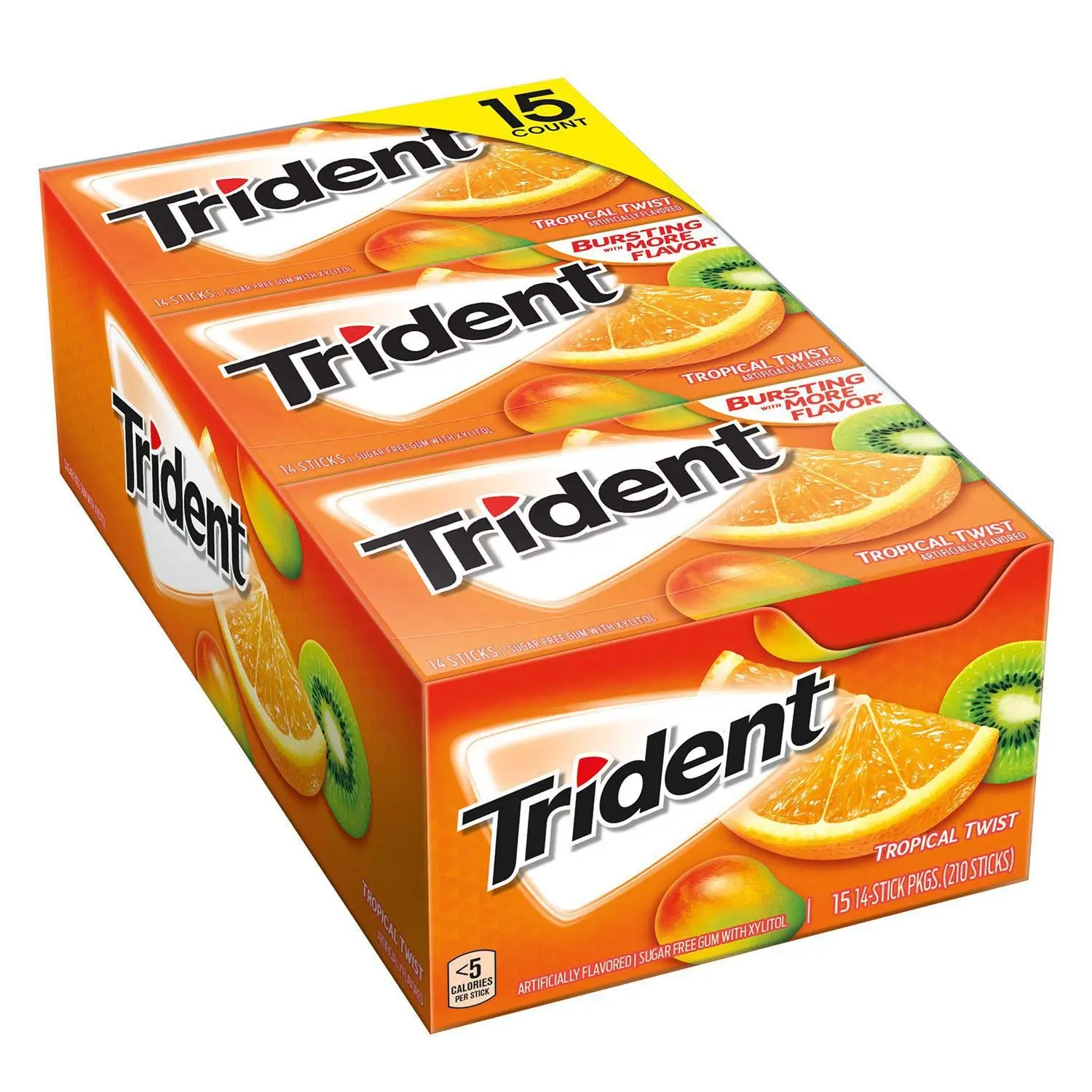 Trident Tropical Twist Sugar-Free Chewing Gum, 15-Count Pack (14 Sticks Per Pack) - Includes Sorbitol
