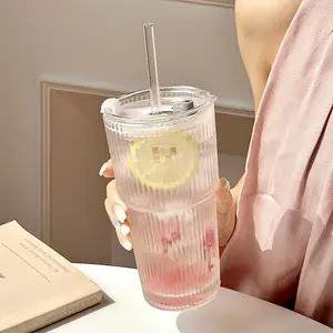 2 Pack 540ml Textured Glass Tumblers, Leakproof Reusable Water Cups, Minimalist Durable Glassware for Iced Coffee & Drinks