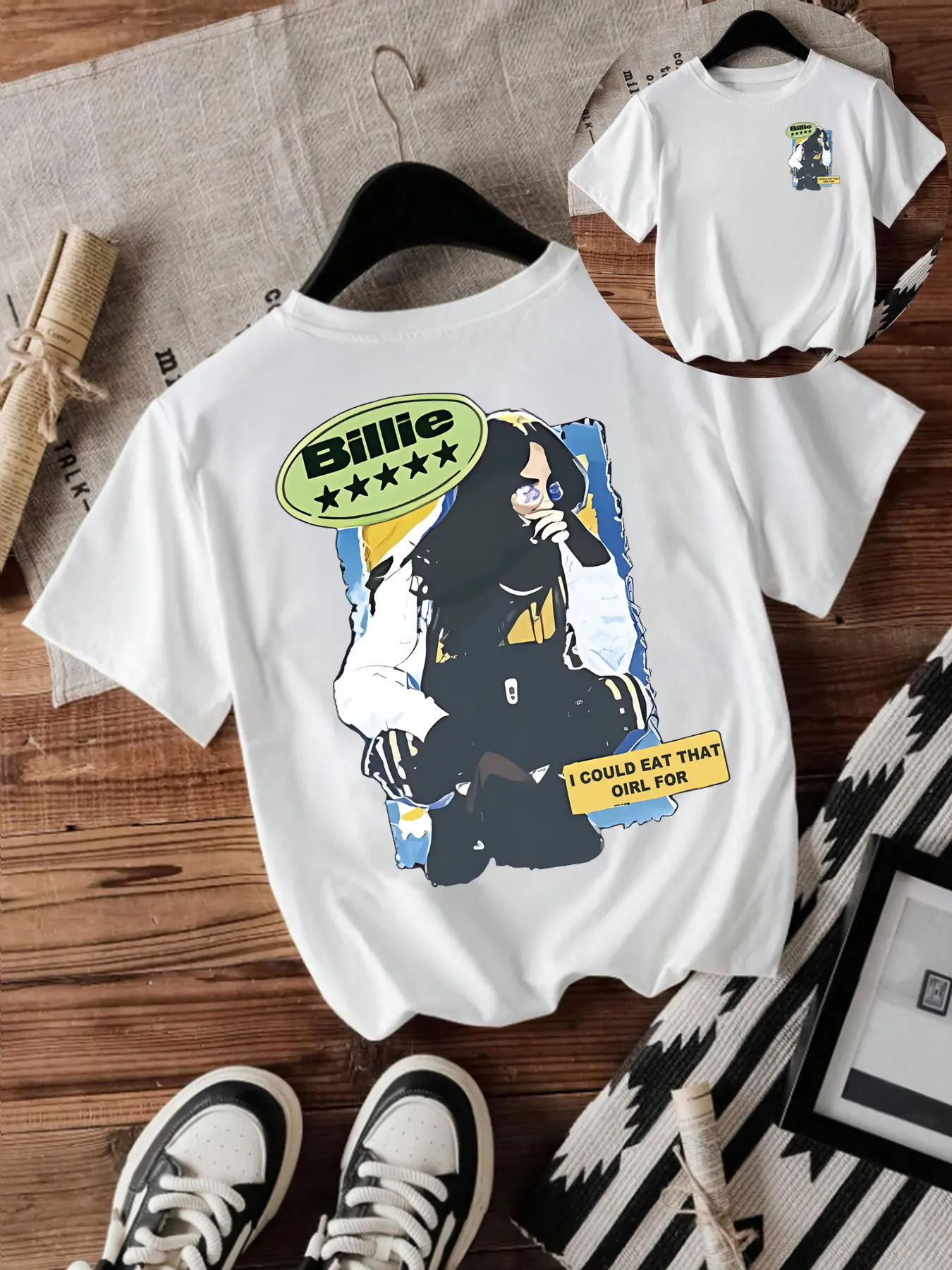 Billie Boy Print Vintage Style Women's Summer Casual Streetwear Sports Top, Casual Everyday Tops, Round Neck Short Sleeve T-Shirt, Tee, Casual Tee Shirts, Womenswear, Lady, Comfortable Breathable Lightweight Fit S-Xxl, Fitted