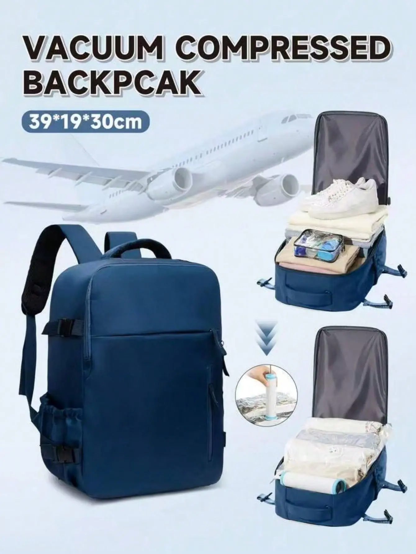 40x20x30 Carry On Travel Backpack, Vacuum Compression Cabin Backpack with Pump & Shoe Compartment, Personal Item Bag for Flights, Laptop Travel Backpack