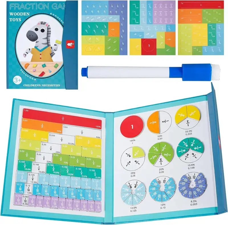 Magnetic Fraction Educational Puzzle, Magnetic FractionTiles & Fraction Circles Set, Portable Magnetic FractionDemonstration Book with Foldable Bottom Board,Magnetic Fraction Manipulatives Learning Toys for Kids