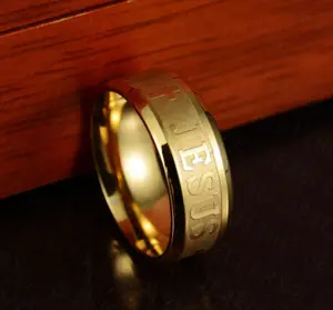 Jesus Cross Gold Plated Ring Stainless Steel Unisex Europe America Style Letters Numbers Text Individually Packed Size 6 13