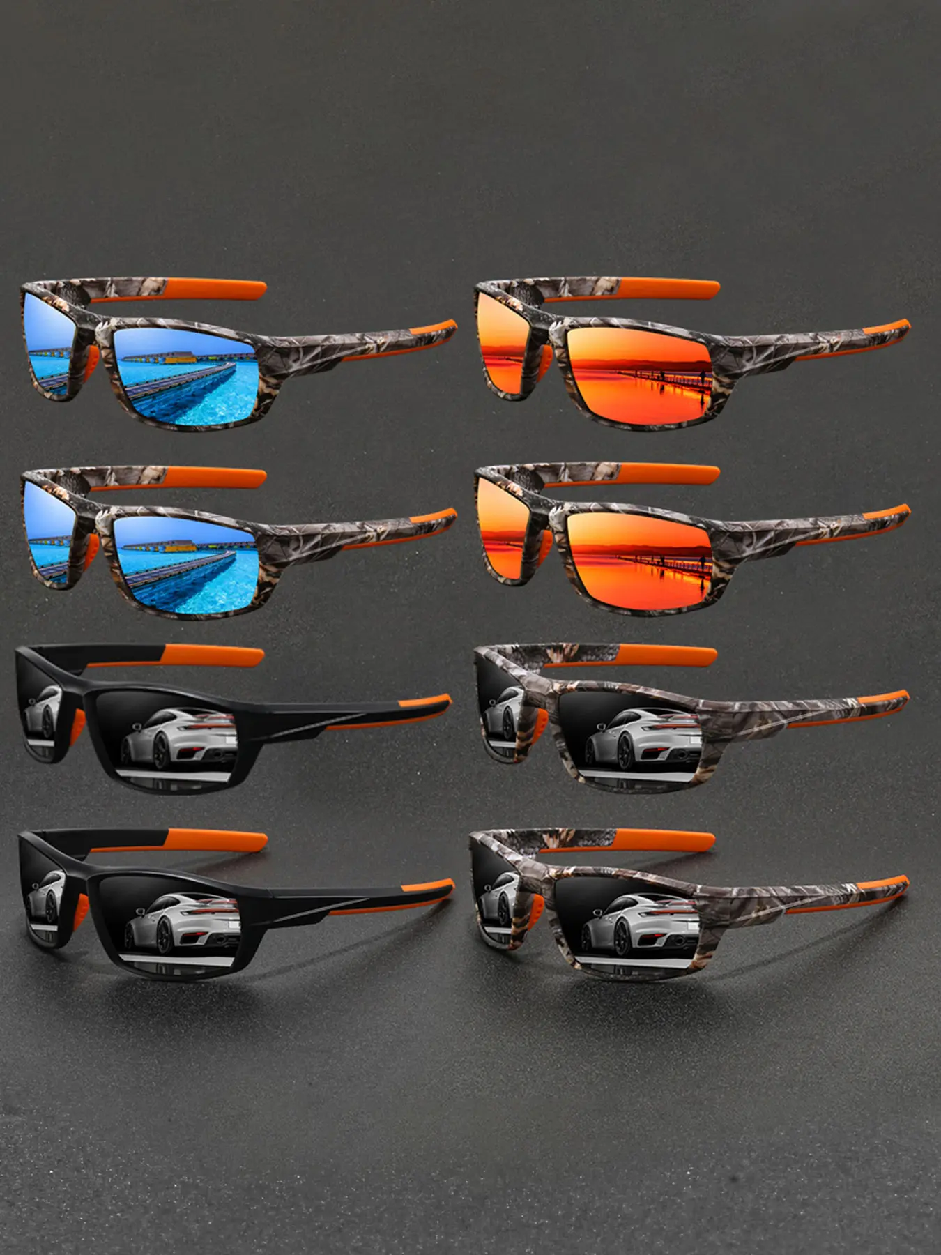 8 pairs of retro camouflage sports glasses, Polycarbonate sports eyewear, suitable for outdoor sports, men's and women's, equipped with anti slip rubber nose pads, comfortable to wear