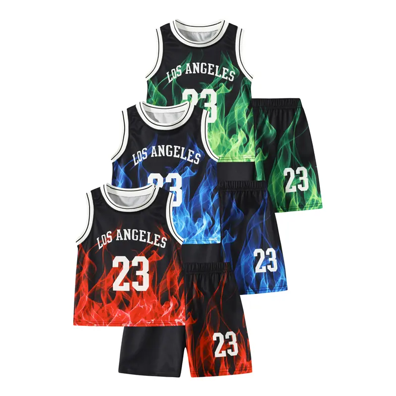 #SummerVibes 6-piece boys' summer quick-drying basketball jersey sports suit 4-12-year-old boys' lightweight basketball vest and shorts suit Athletic Clothing Set