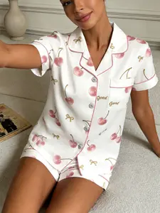 Spring Summer Women's Sleepwear Pajama Set, Cherry Theme Printed, Open Front Cardigan, Short Sleeve Shorts, Home & Outdoors