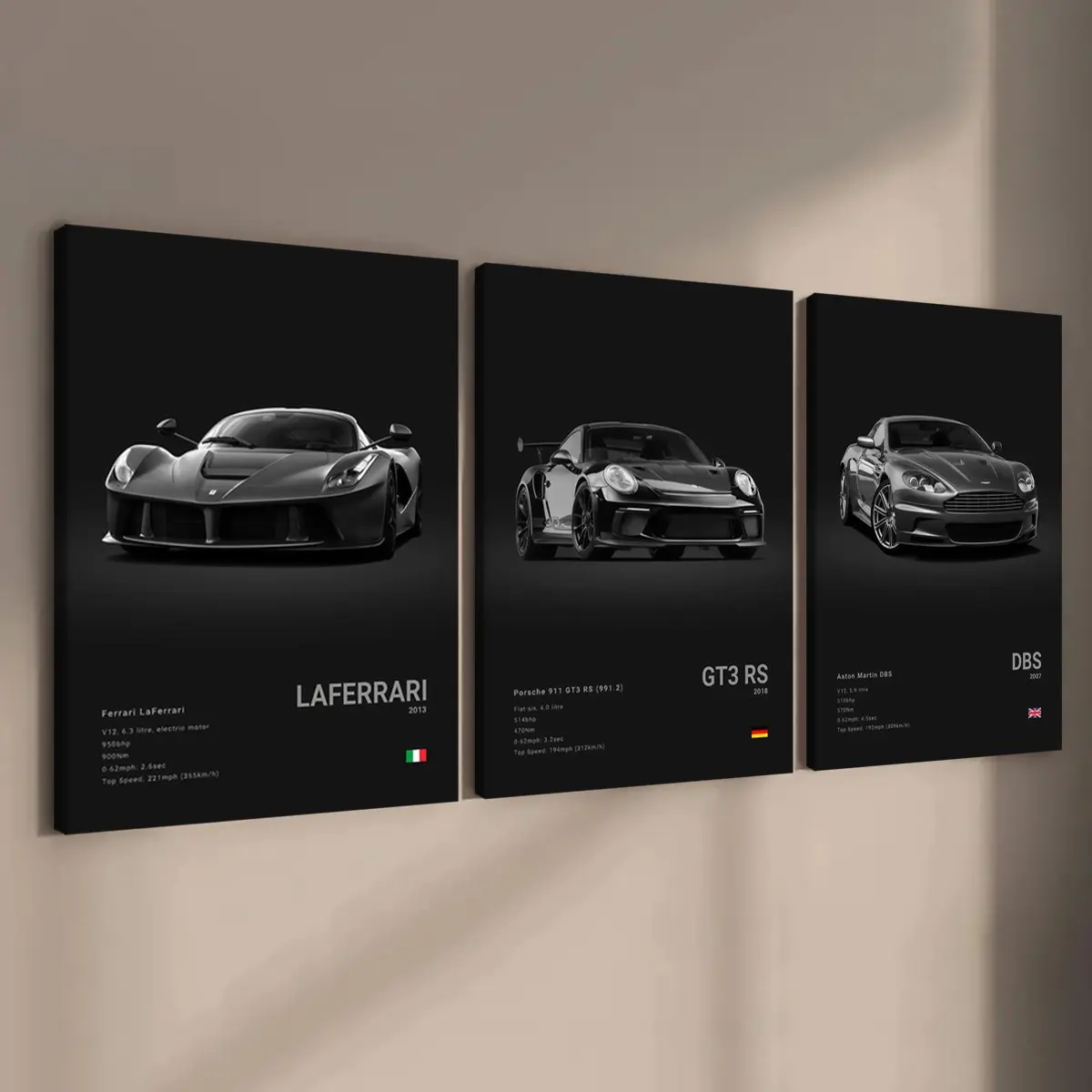 3-count wooden frame canvas, exquisite supercar art poster, cool male bedroom car decoration pattern, car collector, suitable for living room, corridor, office, home wall decoration, Modern Home Decor, ideal gift