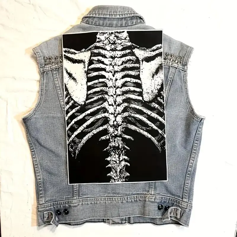 1PC Spine Skeletons Printed Large Back Patch Chest Radiograph Dtf Iron On Distressed Patches For Clothes Jacket Ribcage Bones Goth DIY Gift, Halloween Patches For Jackets