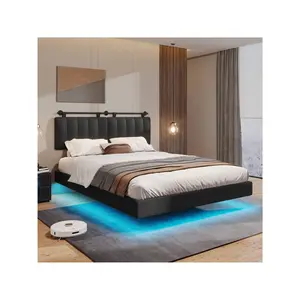Queen Size Floating Bed Frame With LED Light, Modern Platform Bed With Leather Upholstered Headboard, No Box Spring Needed