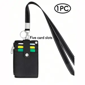 1pc Portable PU Leather Zipper Card Holder, Neck Strap Design, Lightweight, Suitable for Teachers Students Employees, Card Case Business Card Holder
