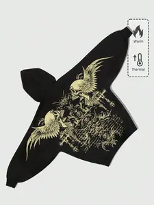 Batwing Trendy Street Hooded Sweatshirt Sleeves Skull Wings Graphic Pattern Loose Fit Unisex Pullover, Fall & Winter Fashion