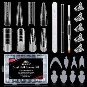 EBANKU Dual Form Kit, 288PCS Poly Gel Forms for French Nails, 8 Styles Reusable Silicone Pads, 5PCS Clips, Brush Pen, Files Buffer, Extension Kit for Beginner World Cup