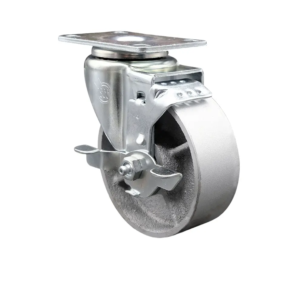 Service Caster SCC-20S415-SSR-TLB-TP3 Lockable Swivel Caster with Top Lock Brake, 4 in. Semi Steel Cast Iron Wheel with Roller Bearing, 4 x 4.5 in. Overall Top Plate, Lockable Wheels, Swivel Wheels