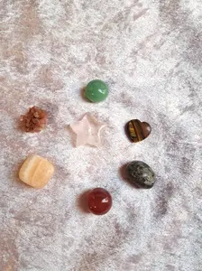 Joy & Vitality 7-Pc Energy Set - Carnelian Sphere & Clear Quartz Tiger's Eye Green Aventurine Aragonite  Orange Calcite UV Emberlite Tumbles Crystals Gemstones Set