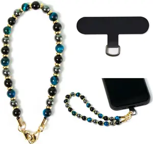 Phone Charm with Beaded Marble, Cell Phone Lanyard with Tether Tab, Phone Chain Strap, Hands-Free Wrist Strap, Phone Strap for Women Compatible with  14 Pro Max/ 13 Pro Max/ 12 Pro Max/ 11(Blue)