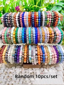 10pcs Colorful Natural Stone Bracelets Set, Elastic Wristbands for Men & Women, Handmade Jewelry Gift Idea, Random Colors Matching Design, Beaded Bracelet, Casual Trendy Jewelry