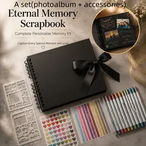 DIY Black Scrapbook Photo Album Set, Scrapbooking Kit, Hardcover Spiral Bound Photo Diary, Ribbon Sealing, Suitable for Couples, Weddings, Birthdays, and Travel Memories, Scrap Books Album