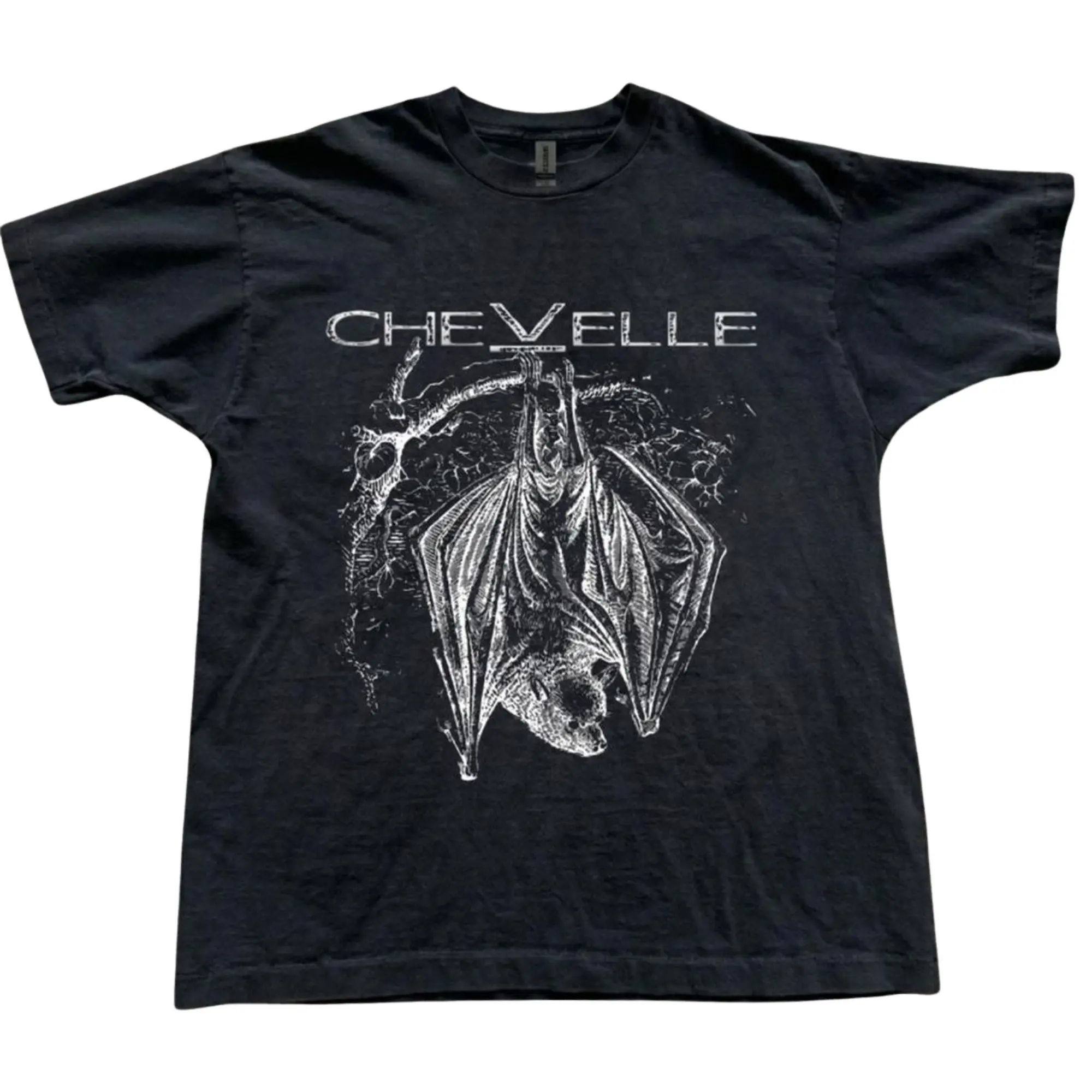 Women's Chevelle Hanging Bat Rock Band Graphic T-Shirt - White Intricate Line Art Stencil Bat Under Block Logo Text, Unisex Streetwear Tee for Alt Rock Fans