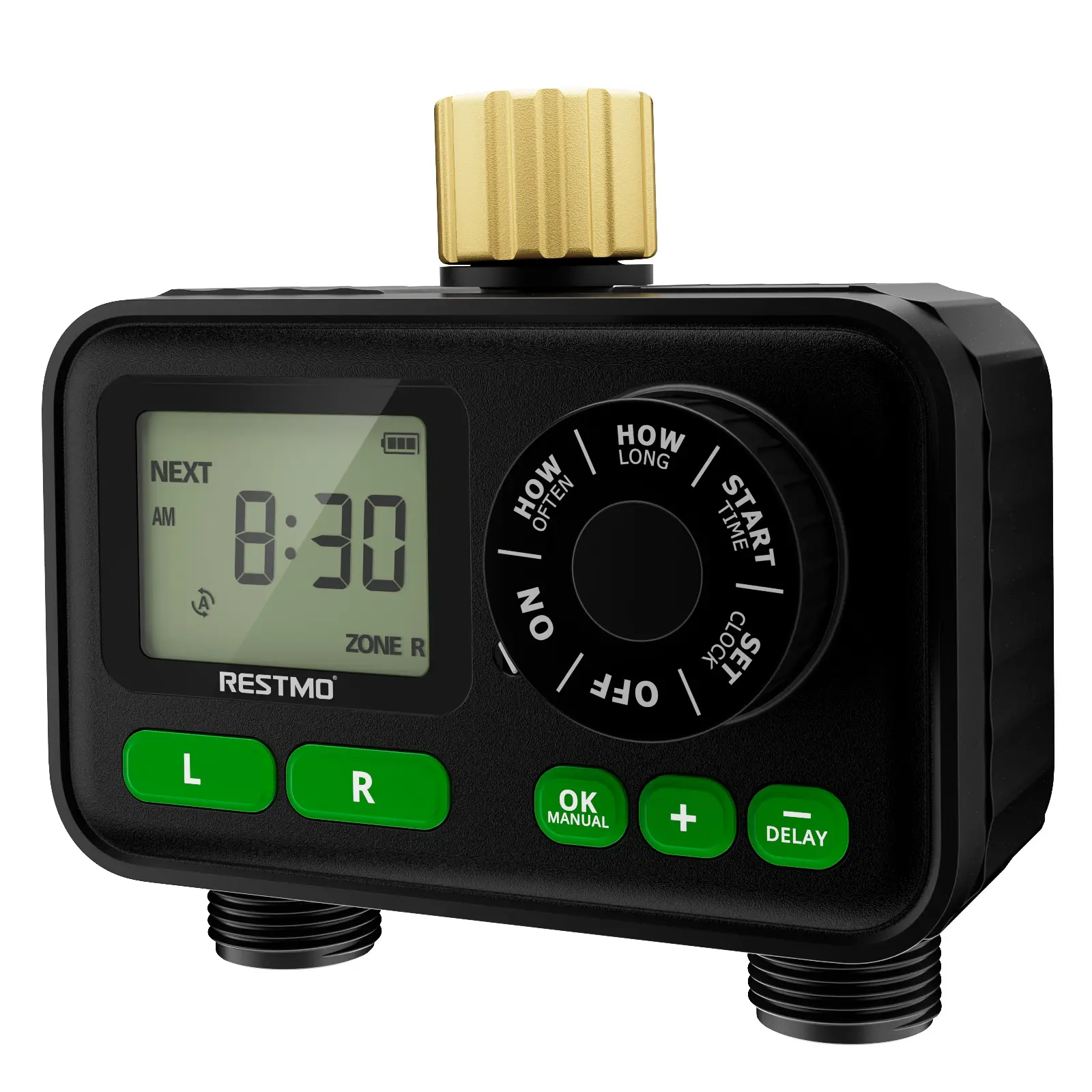 RESTMO 2-Zone Programmable Sprinkler Timer, IP55 Waterproof Automatic Watering Devices with Auto/Manual/Rain-Delay, Start Time Setting, Durability for Garden Hose, Outdoor Faucet Use