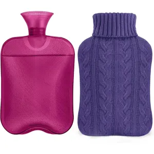 Hot Water Bottle with Knitted Cover, 2L Hot Water Bag for Hot and Cold Compress, Hand Feet Warmer, Ideal for Menstrual Cramps, Neck and Shoulder Pain Relief, Purple