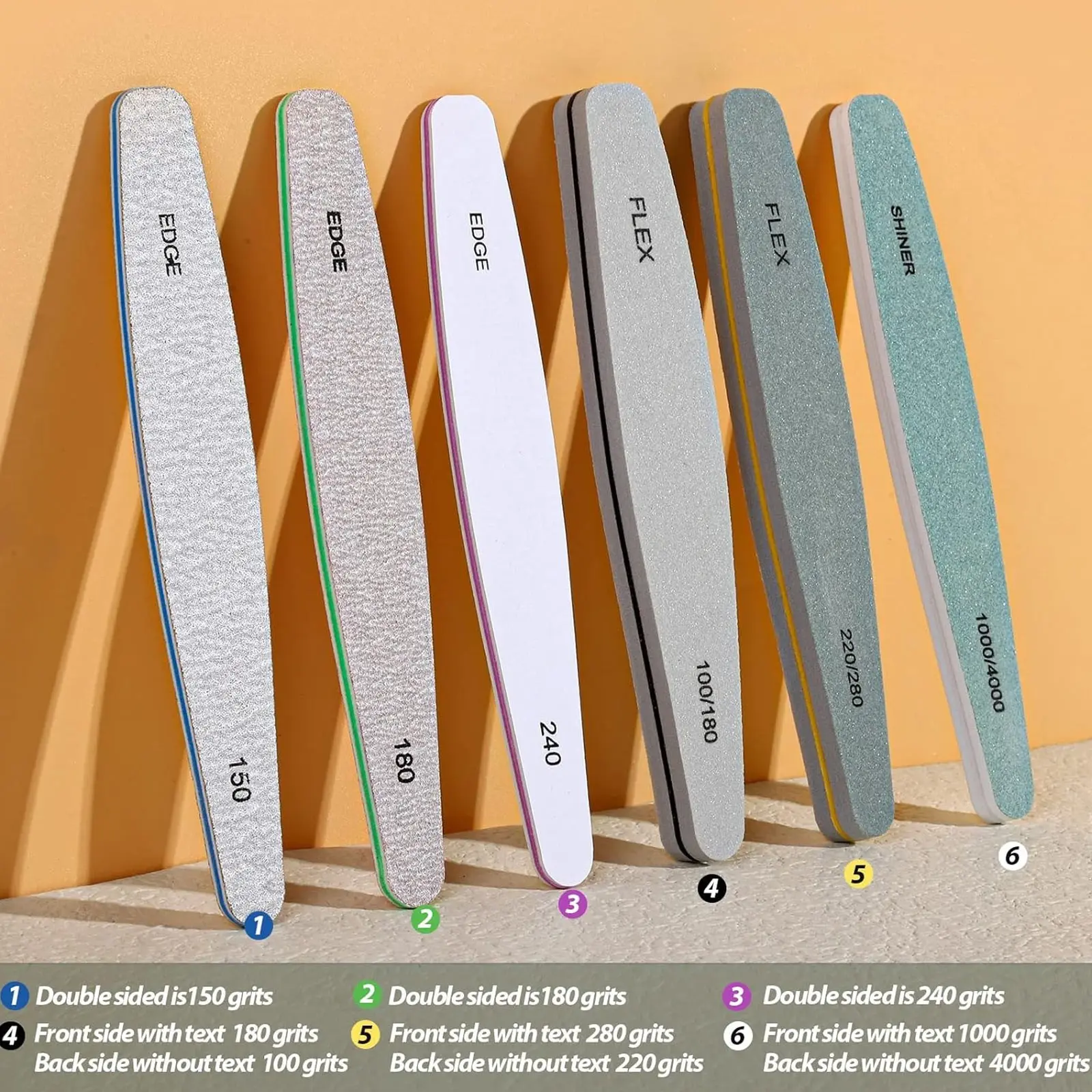 6Pcs Professional Nail File Buffer Set, Double Grit Emery Nail Sanding Strips 100/150/180/240/280/4000 Grit, Washable Nail Shine Polishing Files for Acrylic Gel Manicure