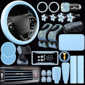 46 Pieces Bling Car Accessories Set for Women-Leather Steering Wheel Cover, Seat Belt Covers, Diamond Rings Sticker, Rhinestone Cup Holders, USB Adapter, Flower Air Vent Clip in Light Blue