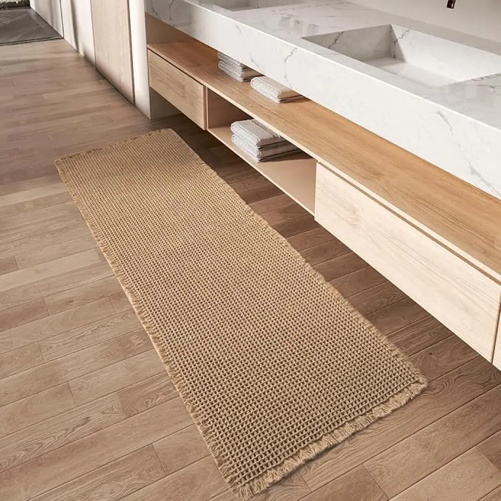 Waffle Pattern Bath Mat, 1 Count Non-slip Absorbent Bath Mat, Machine Washable Bathroom Rug with Tassels, Home Goods, Bathroom Accessories, Bathroom Mats, Decorative Rugs, Modern Indoor Rug, Water Absorbent Mat, Bath Mats For Bathroom Non Slip